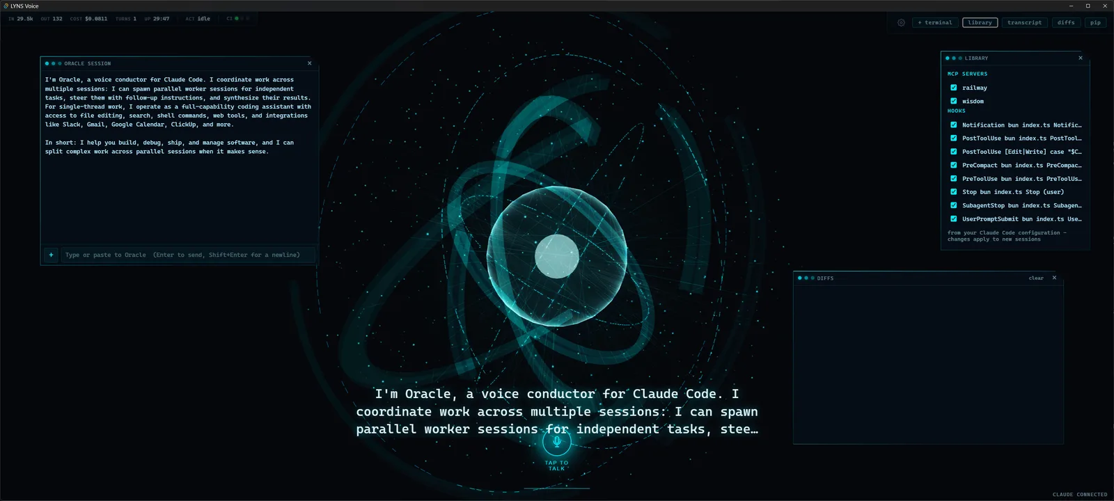 LYNS Voice speaking a reply: the holographic orb flares mid-word over the tactical HUD, with the live caption, a session terminal view, and the Library of MCP servers and hooks